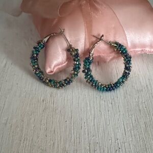 Chico's Multi-Bead Cluster Hoops in Teal and Gold Tone